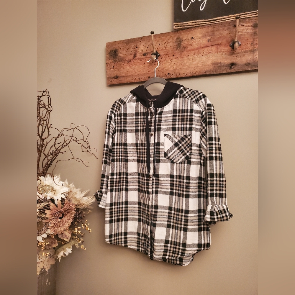 Flannel Black Tan and White Plaid Button-Up Hoodie